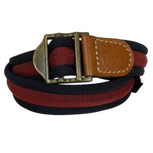 Massimo Dutti Mens Slide Belt Size 30 Leather Trim Brass Buckle Navy Red Stripe